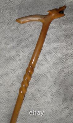 Antique Treen Walking Stick Hand-Carved Dog Head With Ball Handle Twist Shaft