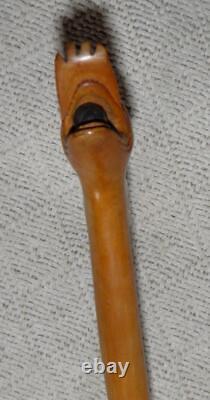 Antique Treen Walking Stick Hand-Carved Dog Head With Ball Handle Twist Shaft