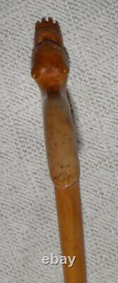 Antique Treen Walking Stick Hand-Carved Dog Head With Ball Handle Twist Shaft