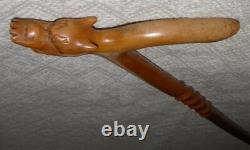 Antique Treen Walking Stick Hand-Carved Dog Head With Ball Handle Twist Shaft