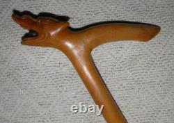 Antique Treen Walking Stick Hand-Carved Dog Head With Ball Handle Twist Shaft