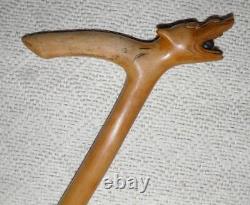 Antique Treen Walking Stick Hand-Carved Dog Head With Ball Handle Twist Shaft