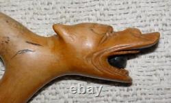 Antique Treen Walking Stick Hand-Carved Dog Head With Ball Handle Twist Shaft