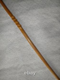 Antique Treen Walking Stick Hand-Carved Dog Head With Ball Handle Twist Shaft