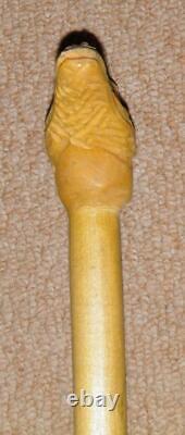 Antique Treen Walking Stick Hand Carved Painted Crocodile Head Handle Glass Eyes