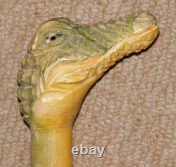 Antique Treen Walking Stick Hand Carved Painted Crocodile Head Handle Glass Eyes