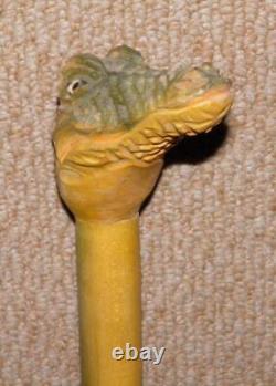 Antique Treen Walking Stick Hand Carved Painted Crocodile Head Handle Glass Eyes