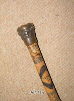 Antique Tribal African Walking Stick With Carved Shaft & Bronze Faces Top 92.5cm