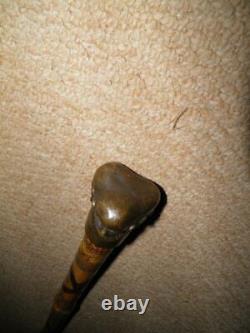 Antique Tribal African Walking Stick With Carved Shaft & Bronze Faces Top 92.5cm