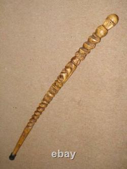 Antique Tribal Polynesian Ohia Walking Stick With Hand-Carved Tiki Mask 98cm