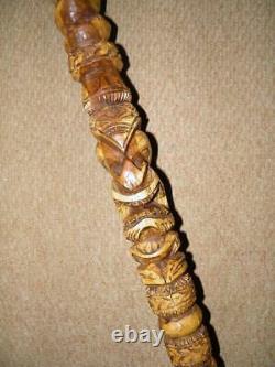 Antique Tribal Polynesian Ohia Walking Stick With Hand-Carved Tiki Mask 98cm