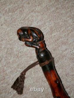 Antique Tribal Walking Stick/Cane Hand-Carved Sitting Monkey Top 80cm