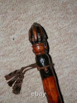 Antique Tribal Walking Stick/Cane Hand-Carved Sitting Monkey Top 80cm