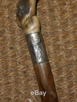 Antique Twisted Walking Stick- S Coller Carved Witches Face Glass Eyes 85cm