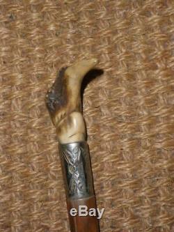 Antique Twisted Walking Stick- S Coller Carved Witches Face Glass Eyes 85cm