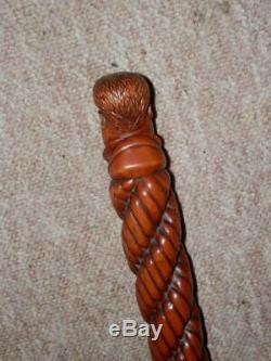 Antique Twisted Walking Stick With Hand-Carved Collared Elvis Head Top 92cm