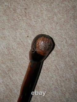 Antique Twisted Walnut Walking Stick With Hand-Carved African Boy Head Top 93cm
