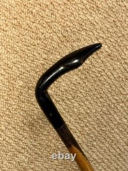 Antique Two Tone Ebony Walking Stick Hand-Carved Hoof Bovine Horn Handle