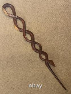 Antique Two Tone Treen Walking Stick Cane Hand-Carved Snake With Glass Eyes