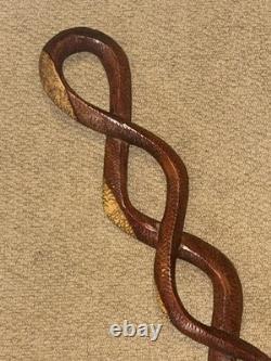 Antique Two Tone Treen Walking Stick Cane Hand-Carved Snake With Glass Eyes