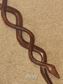 Antique Two Tone Treen Walking Stick Cane Hand-Carved Snake With Glass Eyes