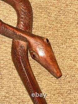 Antique Two Tone Treen Walking Stick Cane Hand-Carved Snake With Glass Eyes