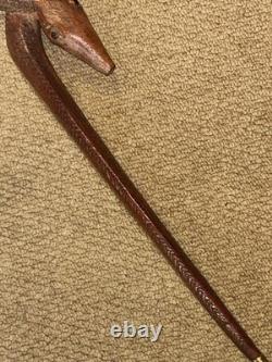 Antique Two Tone Treen Walking Stick Cane Hand-Carved Snake With Glass Eyes