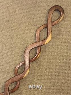 Antique Two Tone Treen Walking Stick Cane Hand-Carved Snake With Glass Eyes