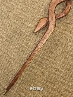 Antique Two Tone Treen Walking Stick Cane Hand-Carved Snake With Glass Eyes