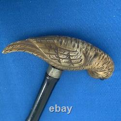 Antique Victorian Walking Stick Cane Carved Bovine Horn Parrot