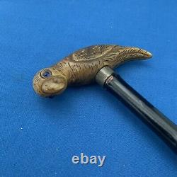 Antique Victorian Walking Stick Cane Carved Bovine Horn Parrot