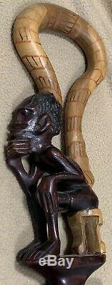 Antique Vintage African Art Carved Wood Walking Stick Came Congo Estate Piece