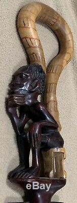 Antique Vintage African Art Carved Wood Walking Stick Came Congo Estate Piece