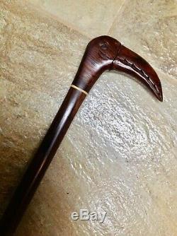 Antique Vintage Cane Walking Stick Hand Carved Bird Handle Polished Wood Shaft