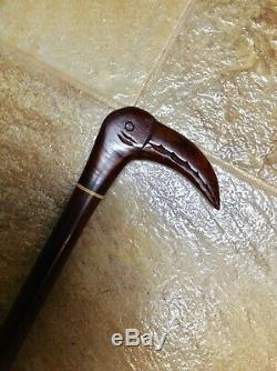 Antique Vintage Cane Walking Stick Hand Carved Bird Handle Polished Wood Shaft