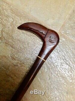 Antique Vintage Cane Walking Stick Hand Carved Bird Handle Polished Wood Shaft