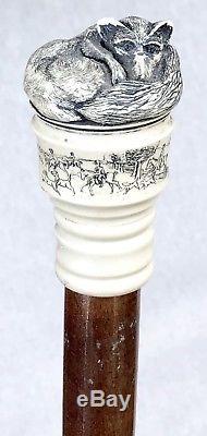Antique Vintage Carved Antler Stag Fox Hawaiian Koa Shaft Walking Stick Cane