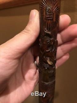 Antique Vintage Carved Folk Art Americana Detailed Cane Walking Stick Wood 34