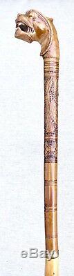 Antique Vintage Hand Carved Chinese Woo Dog Glass Eye Swagger Walking Stick Cane
