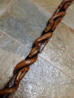 Antique Vintage Hand Carved Tribal Cane Walking Stick Multiple Faces & Snake