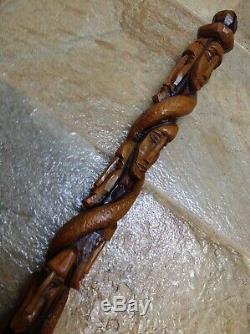 Antique Vintage Hand Carved Tribal Cane Walking Stick Multiple Faces & Snake