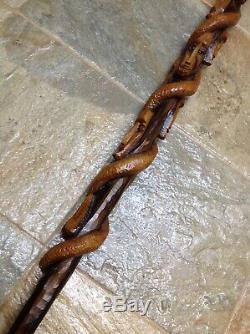 Antique Vintage Hand Carved Tribal Cane Walking Stick Multiple Faces & Snake