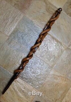 Antique Vintage Hand Carved Tribal Cane Walking Stick Multiple Faces & Snake