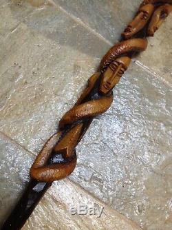 Antique Vintage Hand Carved Tribal Cane Walking Stick Multiple Faces & Snake