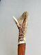 Antique Vintage Hand Carved Wood Walking Stick Cane Antler Handle 38.75