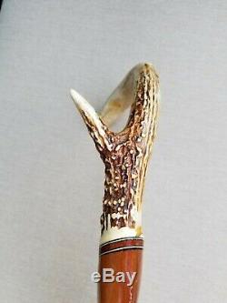 Antique Vintage Hand Carved Wood Walking Stick Cane Antler Handle 38.75