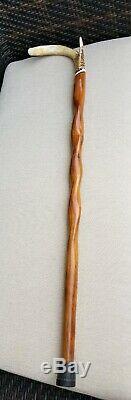 Antique Vintage Hand Carved Wood Walking Stick Cane Antler Handle 38.75