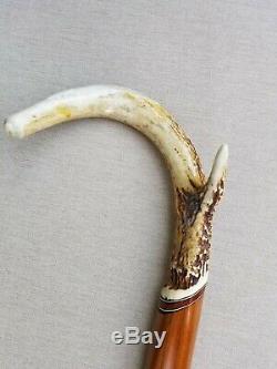 Antique Vintage Hand Carved Wood Walking Stick Cane Antler Handle 38.75