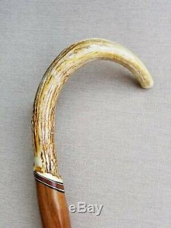 Antique Vintage Hand Carved Wood Walking Stick Cane Antler Handle 38.75