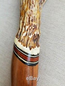 Antique Vintage Hand Carved Wood Walking Stick Cane Antler Handle 38.75